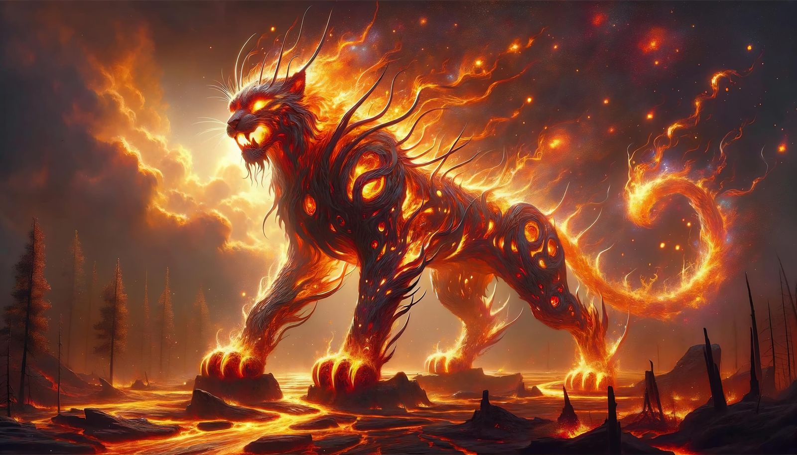 Elemental Fire Lynx Prowls Scorched Landscape