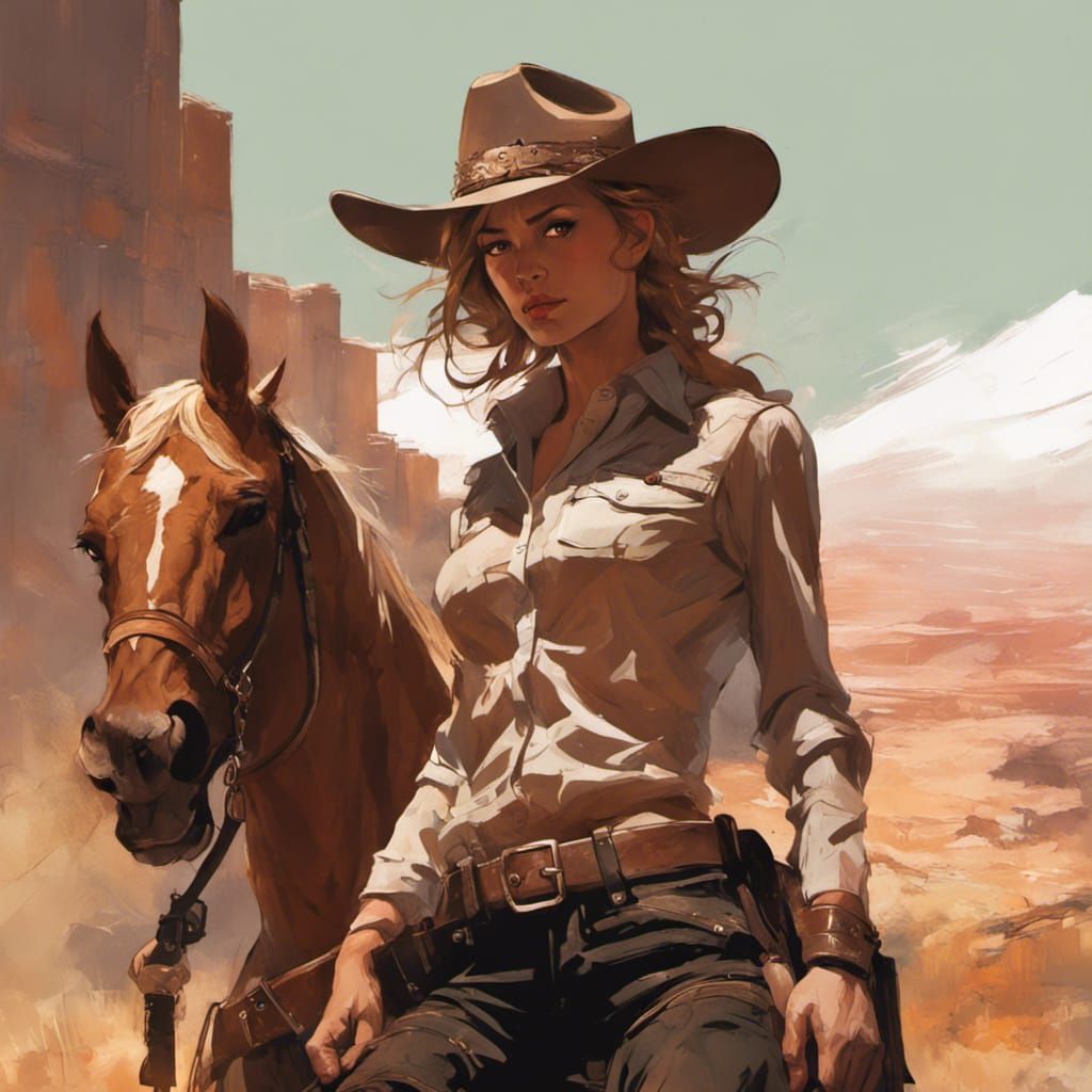 Cowgirl Sheriff Handcuffing Outlaw, Cinematic Action Shot