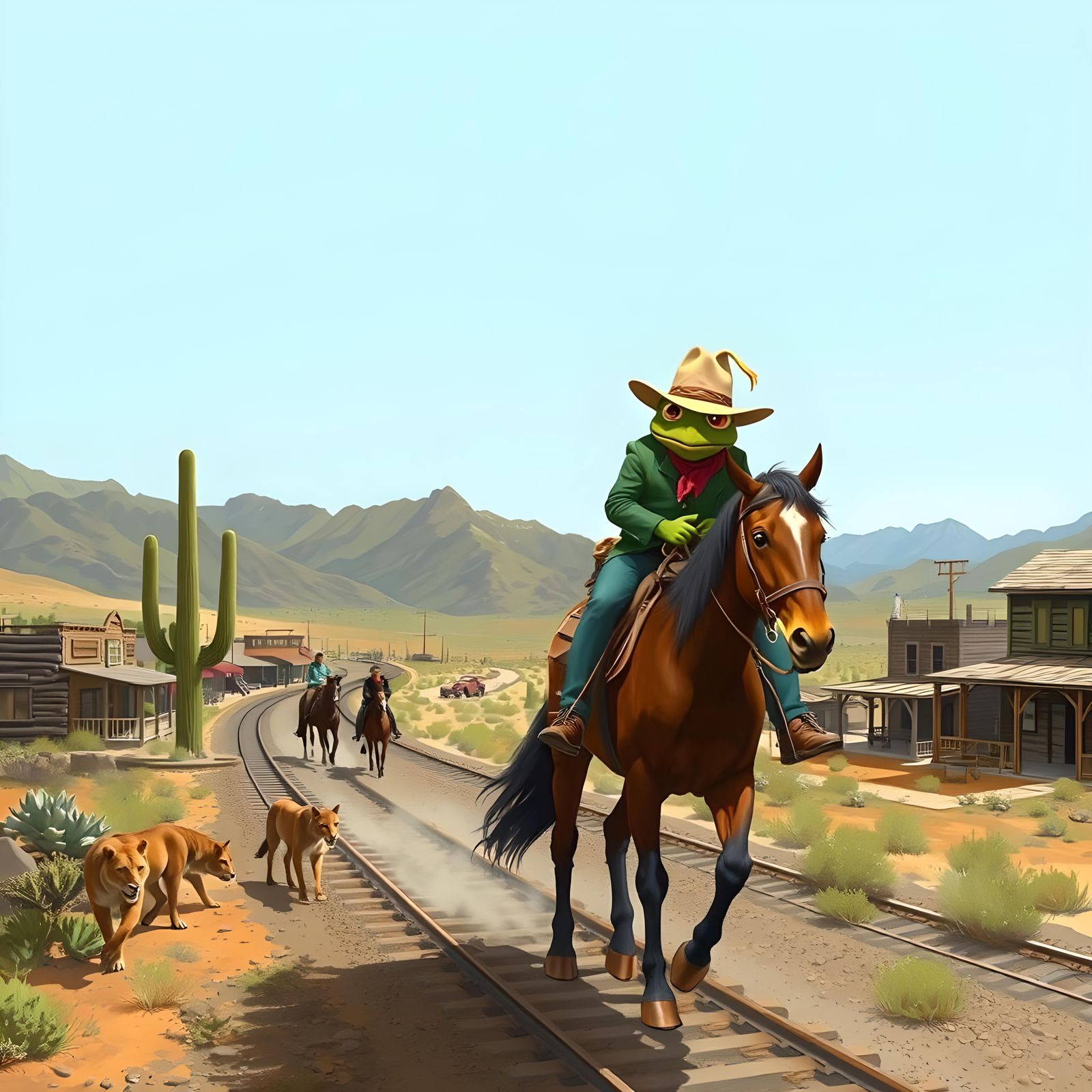 Frog Cowboy Rides Through Desert Landscape