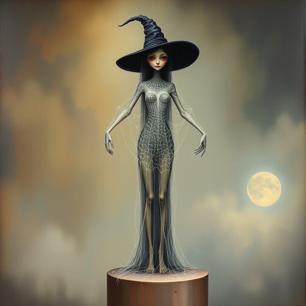 Whimsical Witch in Spiderweb Gown Painting