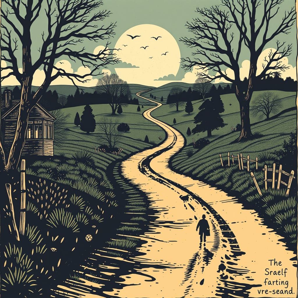 Winding Road with Nostalgic Symbols in Woodcut Style