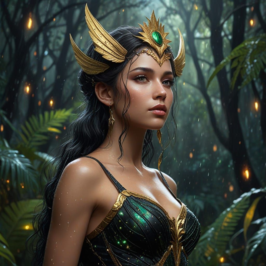 Goddess Nemesis in Starry Rainforest: Oil Painting