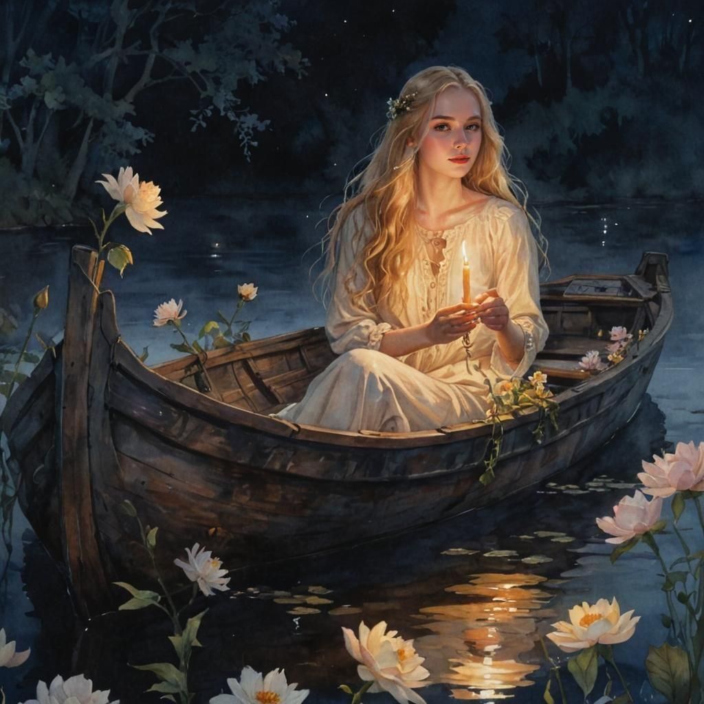 Dreamy Woman in Boat at Twilight: Watercolor Painting