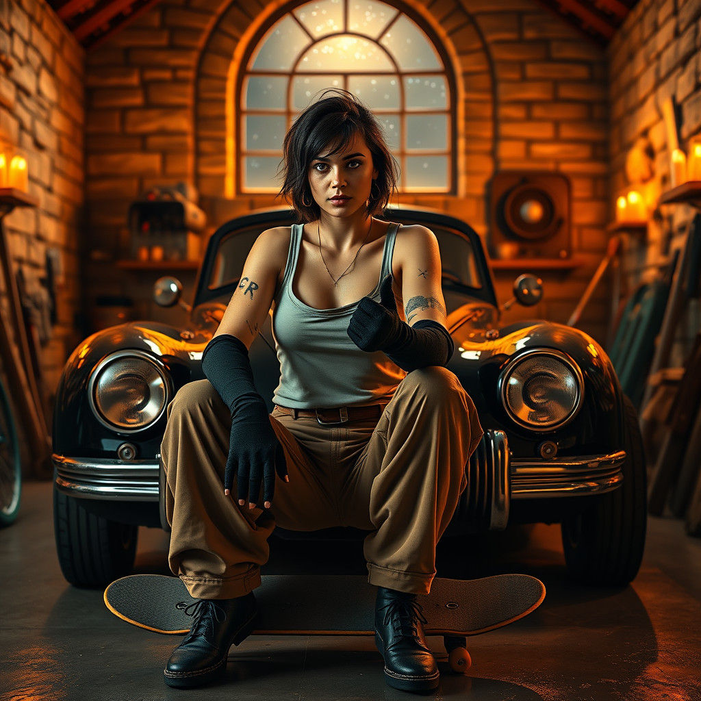 Industrious Mechanic in Candlelit Garage, Hyper-Realistic St...