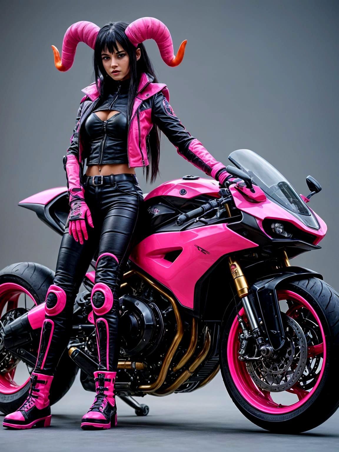 Pink-Horned Biker Woman With Futuristic Motorcycle