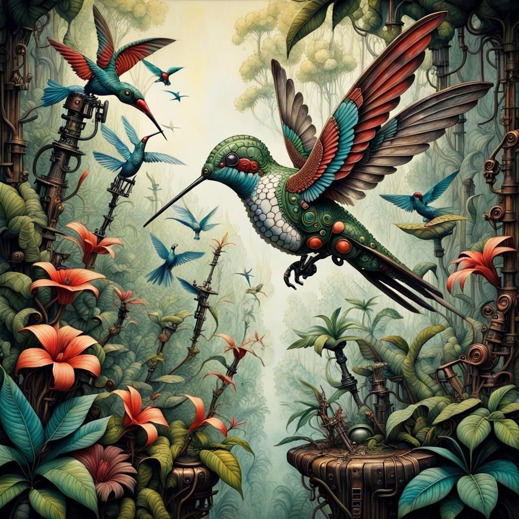 Surreal Robotic Hummingbird in Maximalist Jungle Landscape