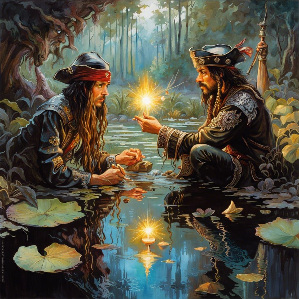 Pirate Captain Contemplates Reflection in Lotus Pond
