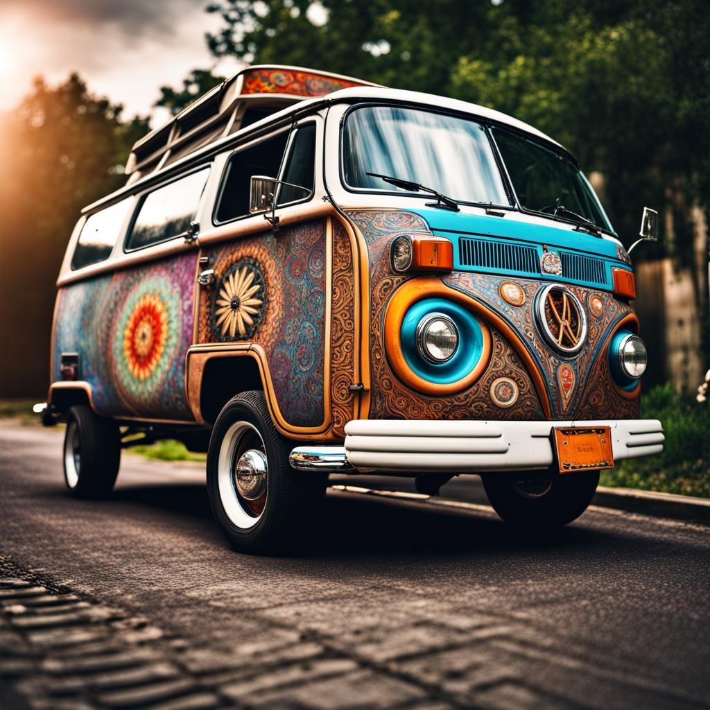 Hyperrealistic Hippie Van with Big Wheels