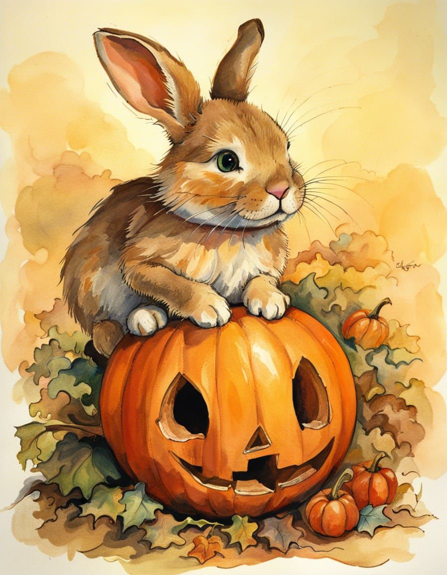 Adorable Bunny on Halloween Pumpkin in Gouache Style