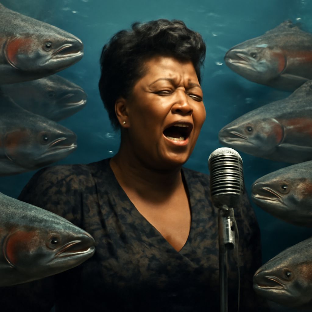Ella Fitzgerald Resemblance with Salmon, Hyperrealistic Deta...