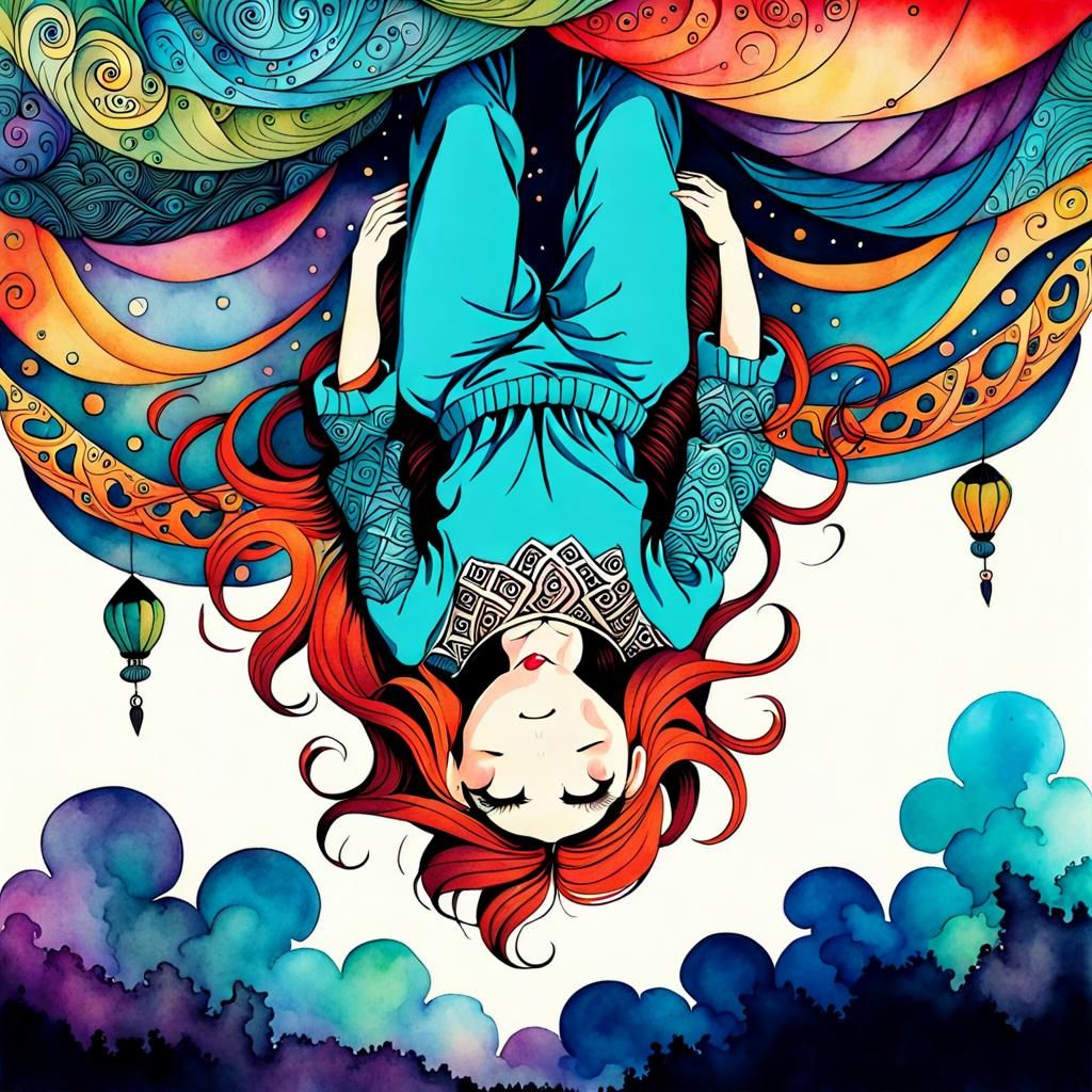 Girl Sleeping Upside Down in Surreal Watercolor Art