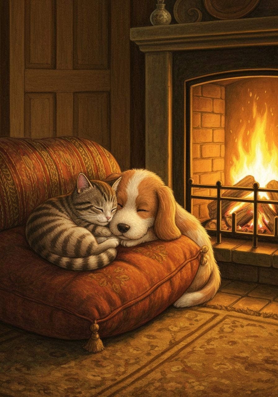 Cat and Dog Snuggle by Fireplace in Whimsical Style