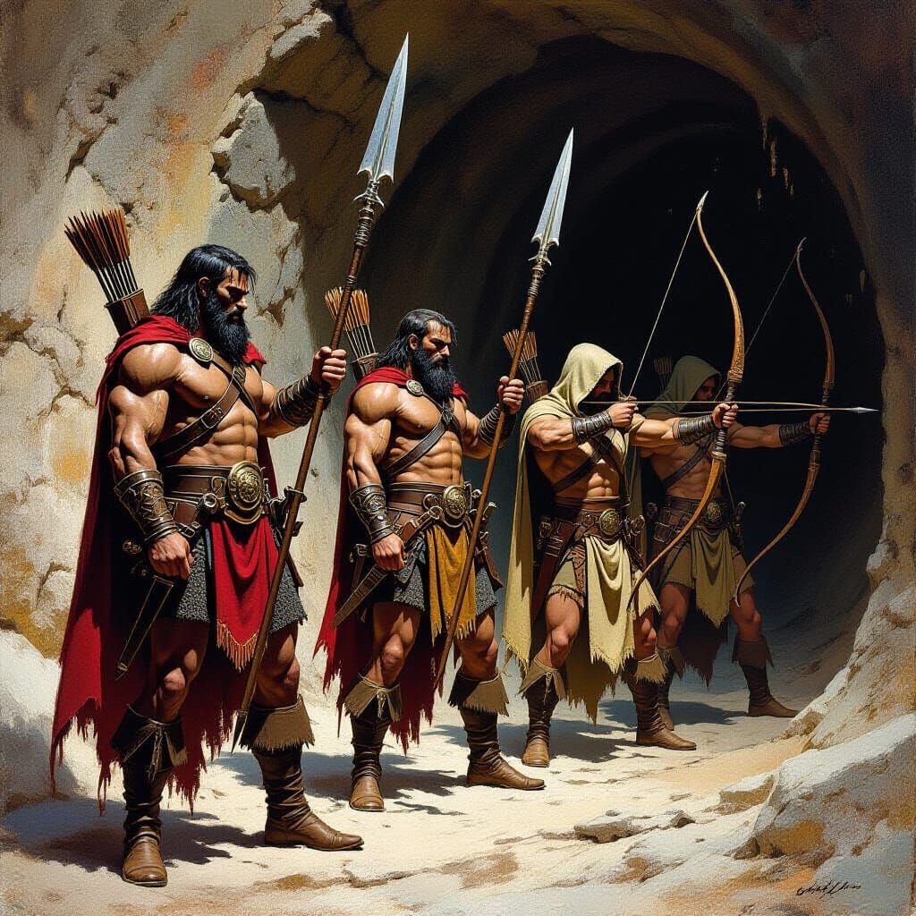 Adventurer Party Exploring Underground Tunnel, in Frazetta S...