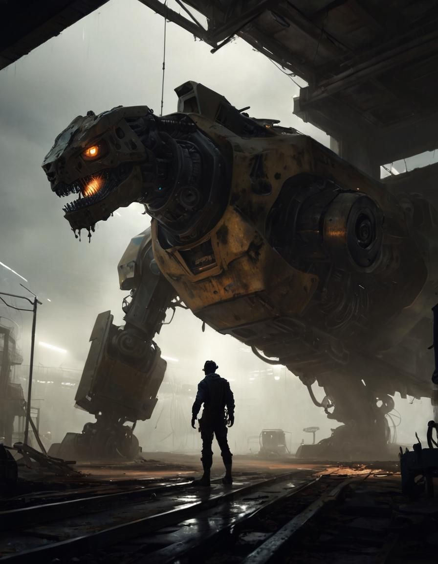 Mechanic Intense Working on a Zoid in a Haunting Industrial....