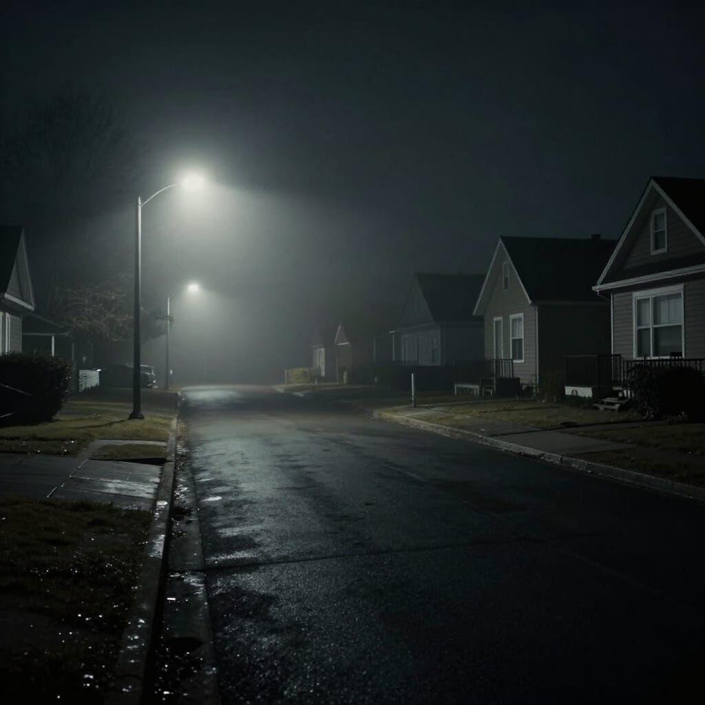 Eerie Foggy Street at Night, Cinematic True Crime Style