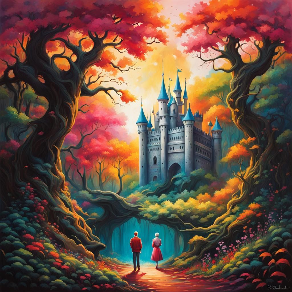 Castle in Forest with Figures: Graffiti Art Style