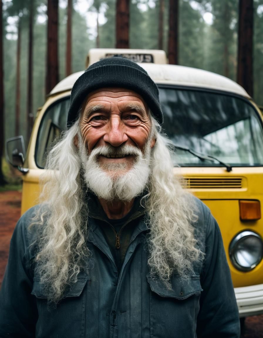 Old man with a yellow Volkswagen