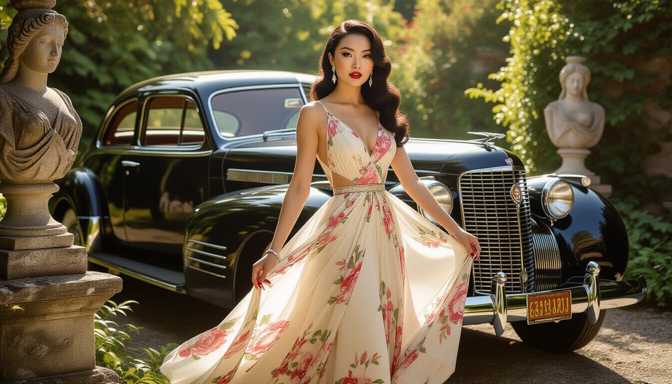 1930s Fashion Model in Garden Beside Classic Cadillac