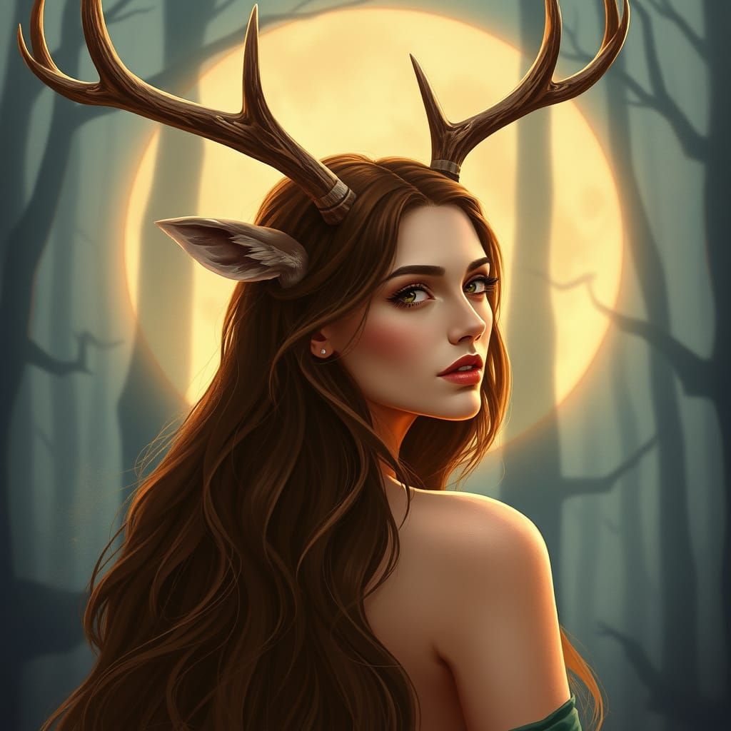 Mystical Forest Goddess with Deer Antlers