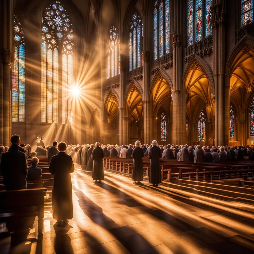 Cathedral Worshippers in Golden Hour Sunlight