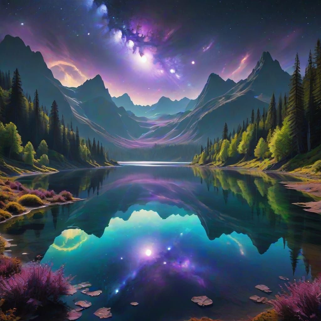 Alien Lake Among Forested Mountains in Galaxy Center