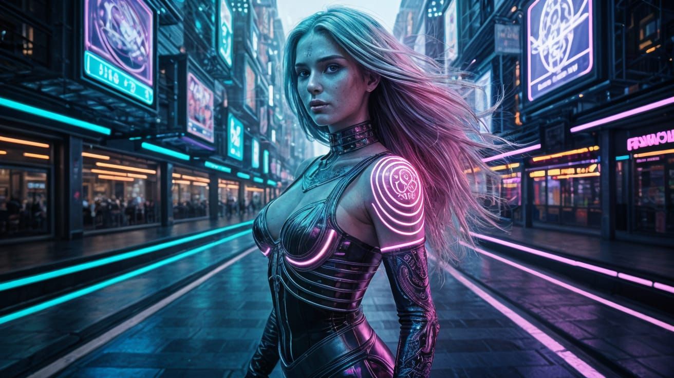 Neon Cyberpunk Goddess in Futuristic Cityscape