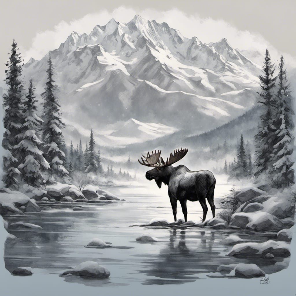 Moose in Snowy Alaskan Wilderness: Digital Art