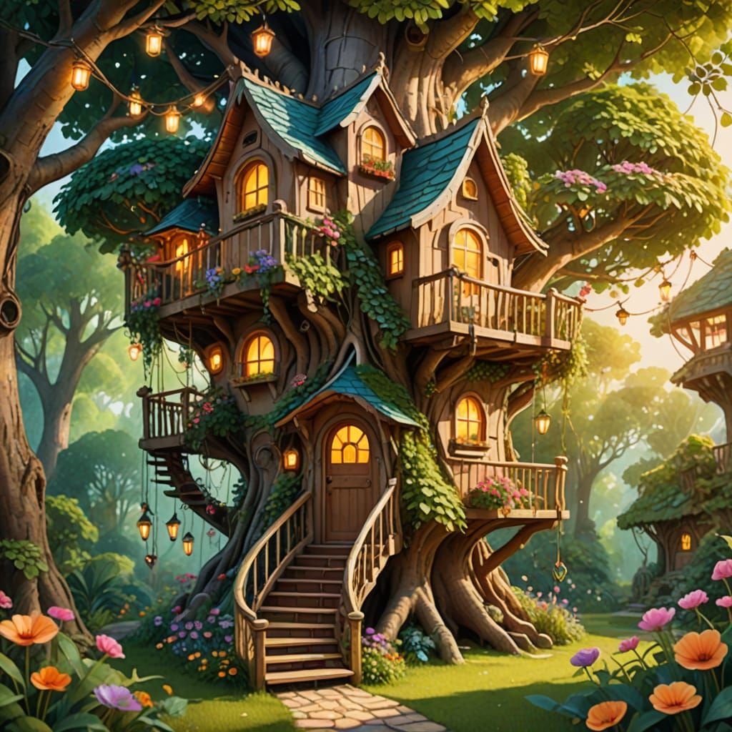 Whimsical Fantasy Treehouse in Enchanting Forest