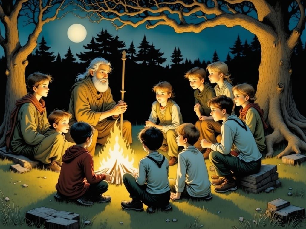 Shepherd's Tale: Grandchildren Around Campfire, in Mystical ...