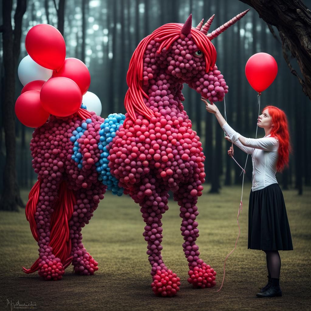 Balloon Unicorn Held by Witch: Hyperrealistic HDR Image