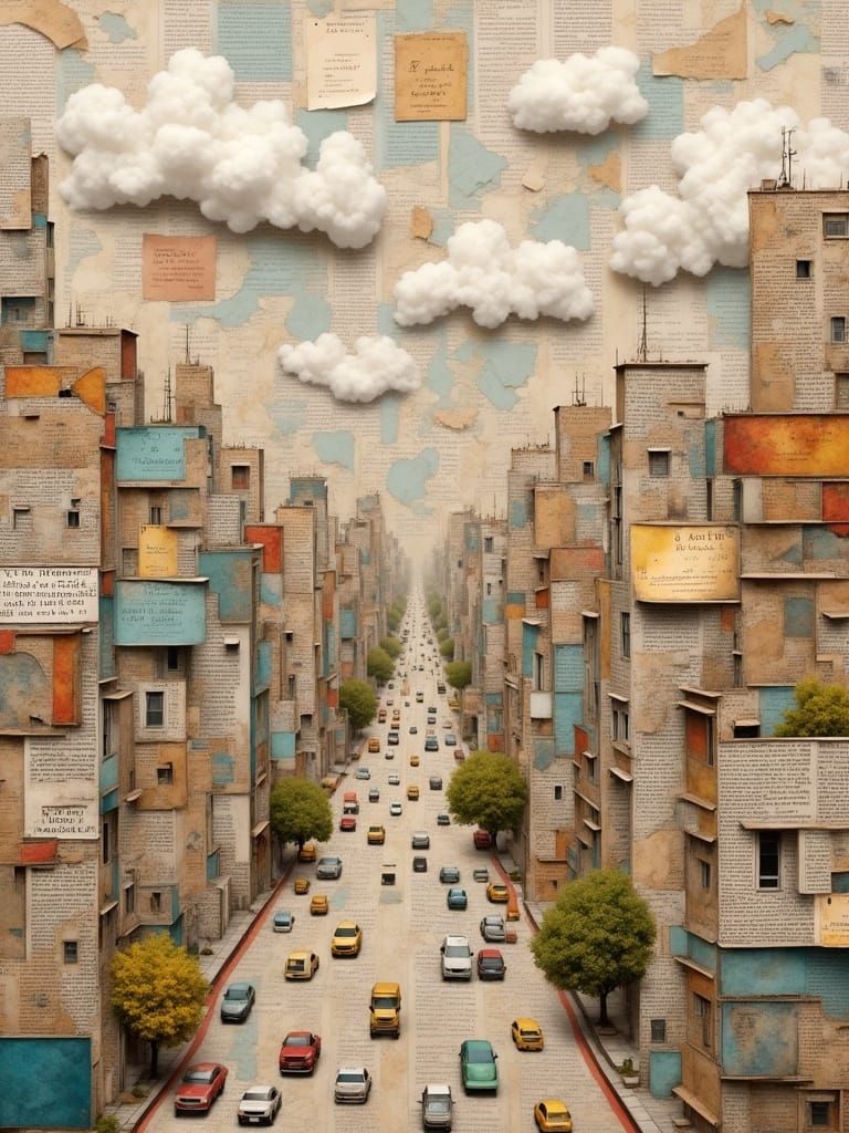 Recycled Paper Collage Cityscape Art