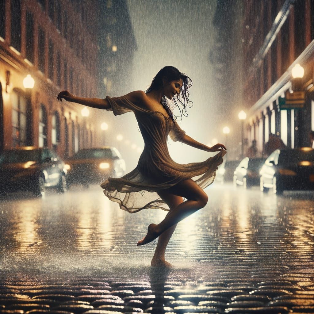 Hispanic Woman Dances Joyfully in City Rain