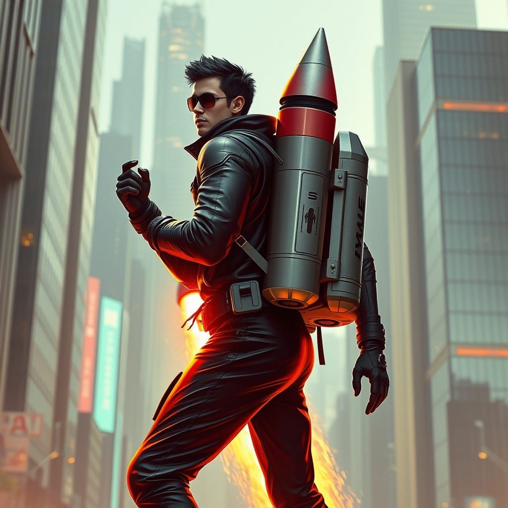 Cyberpunk Gentleman Blasting Off with Rocket Backpack