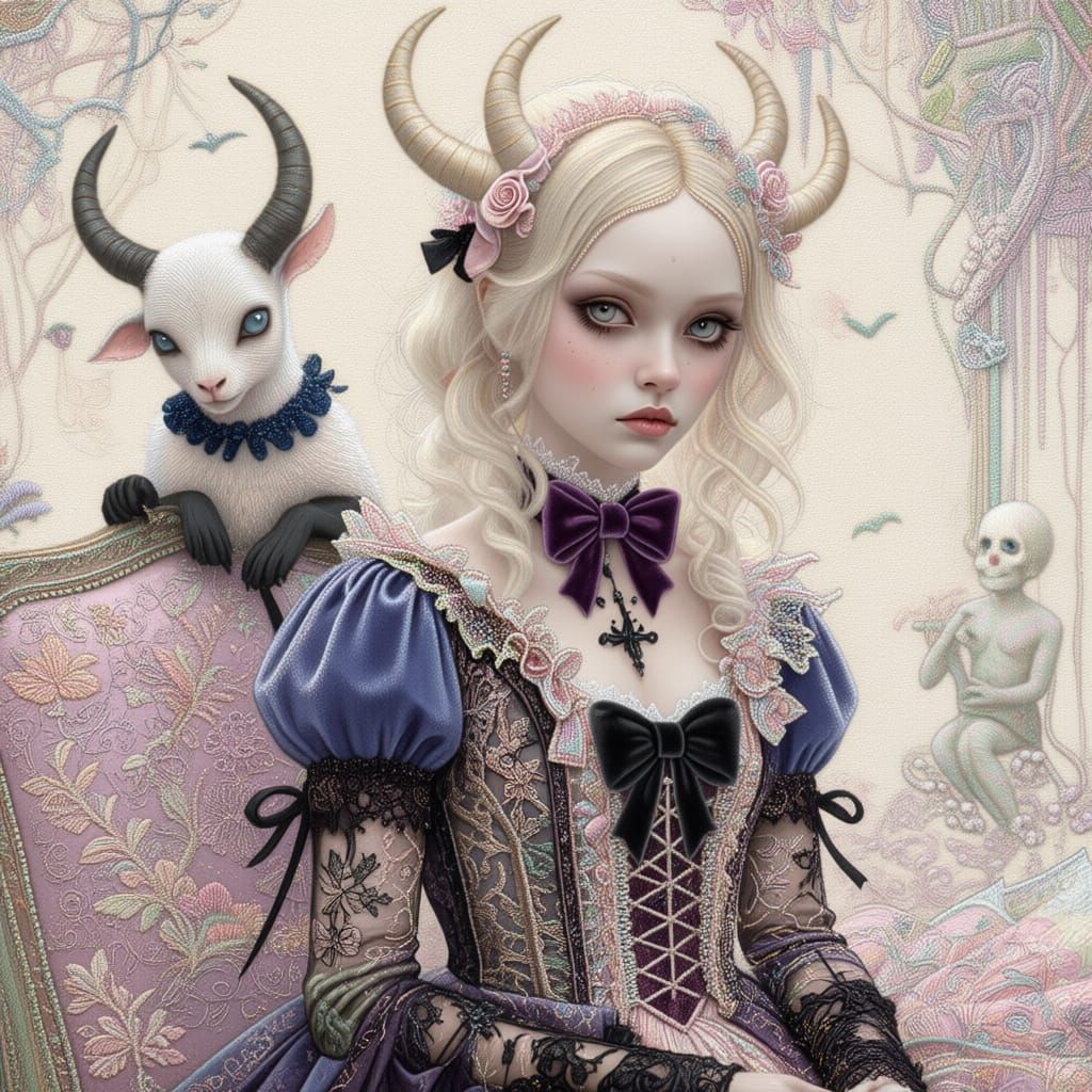 Hyper Maximalist Embroidery Art with Velvet Lace and Bows