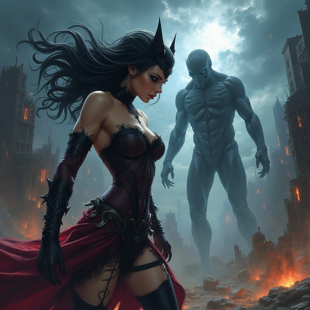 Gothic Superheroine Battles Shadow Entity in Ruined City