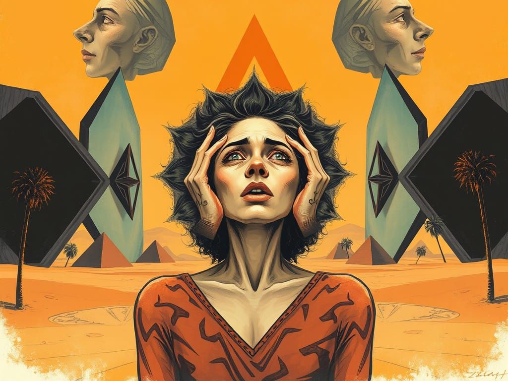 Panic Attack in Desert Landscape with Mirror Patterns