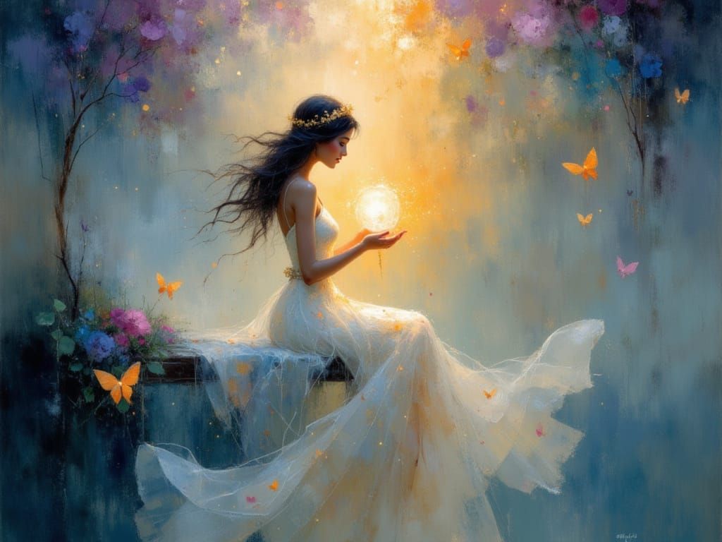 Woman with Star Gown and Luminous Orb