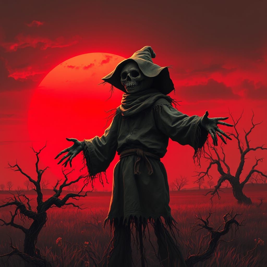 Scarecrow Silhouetted Against a Blood-Red Sunset: Dark Fanta...