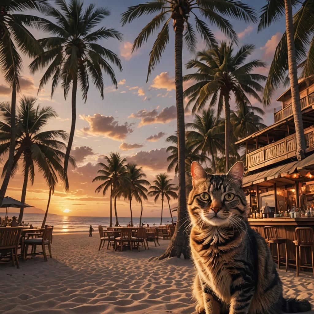 Cat at Sunset: Beachside Digital Painting