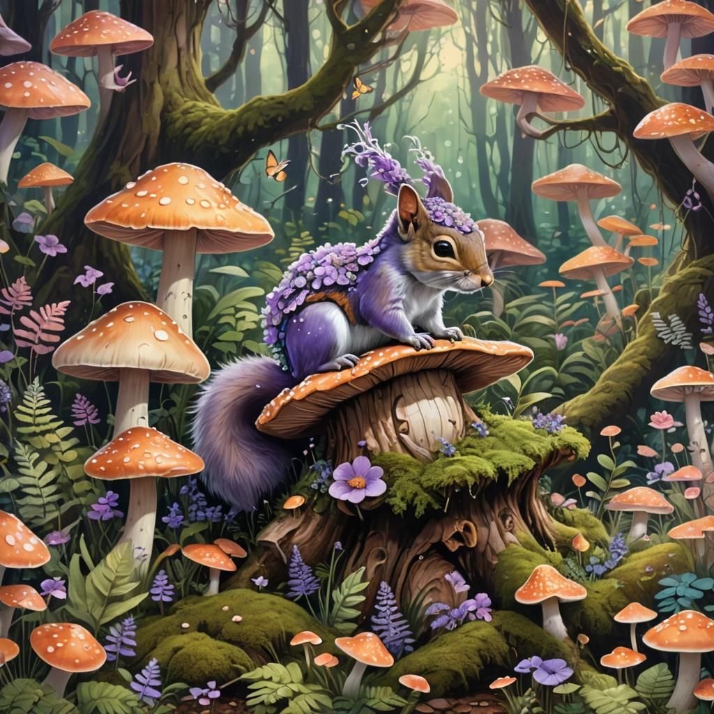 Squirrel in Mushroom Hat in Ethereal Forest