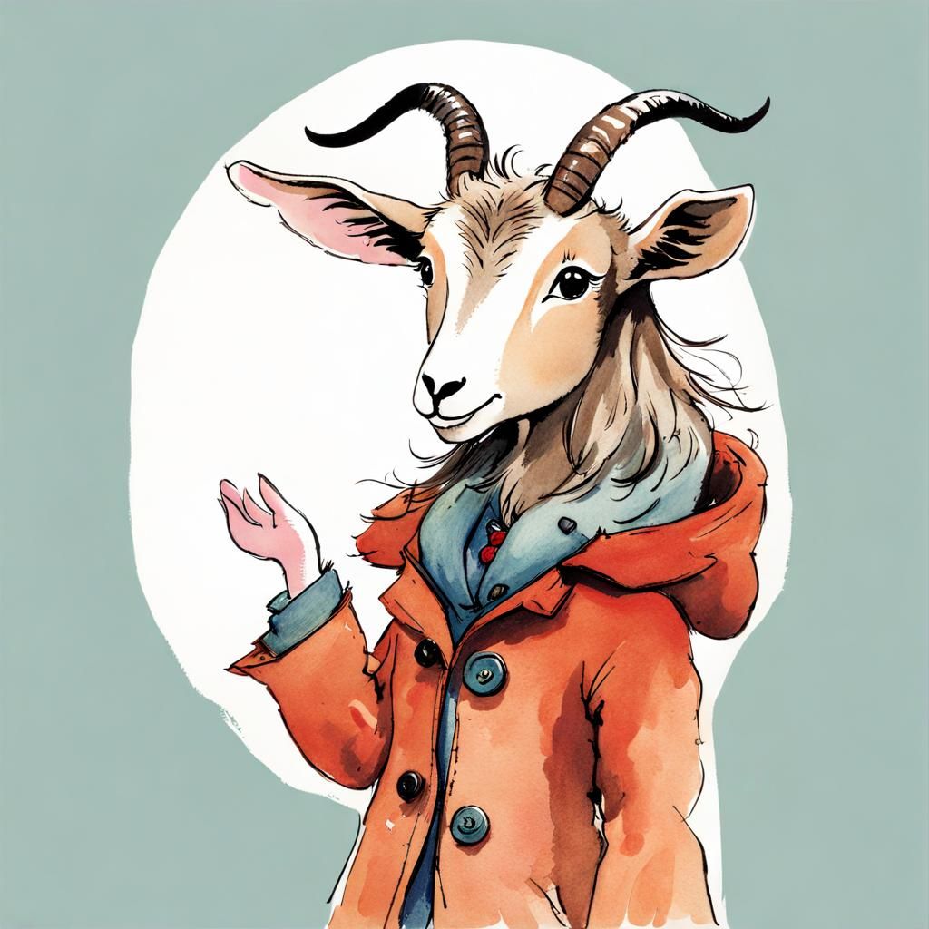 Chibi Goat Girl in Coat, Quentin Blake Style
