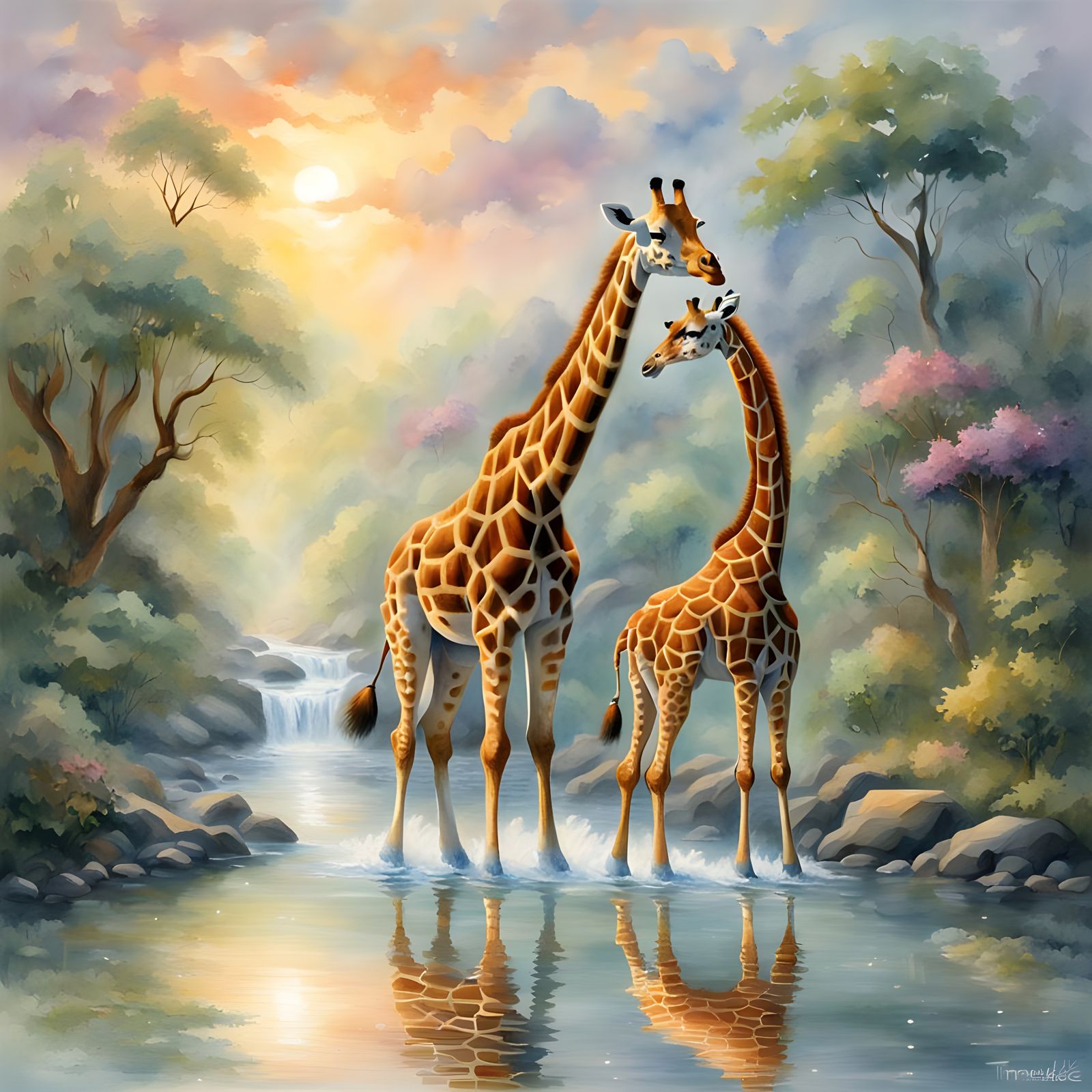 Giraffes Drink from a Mystical Jungle River