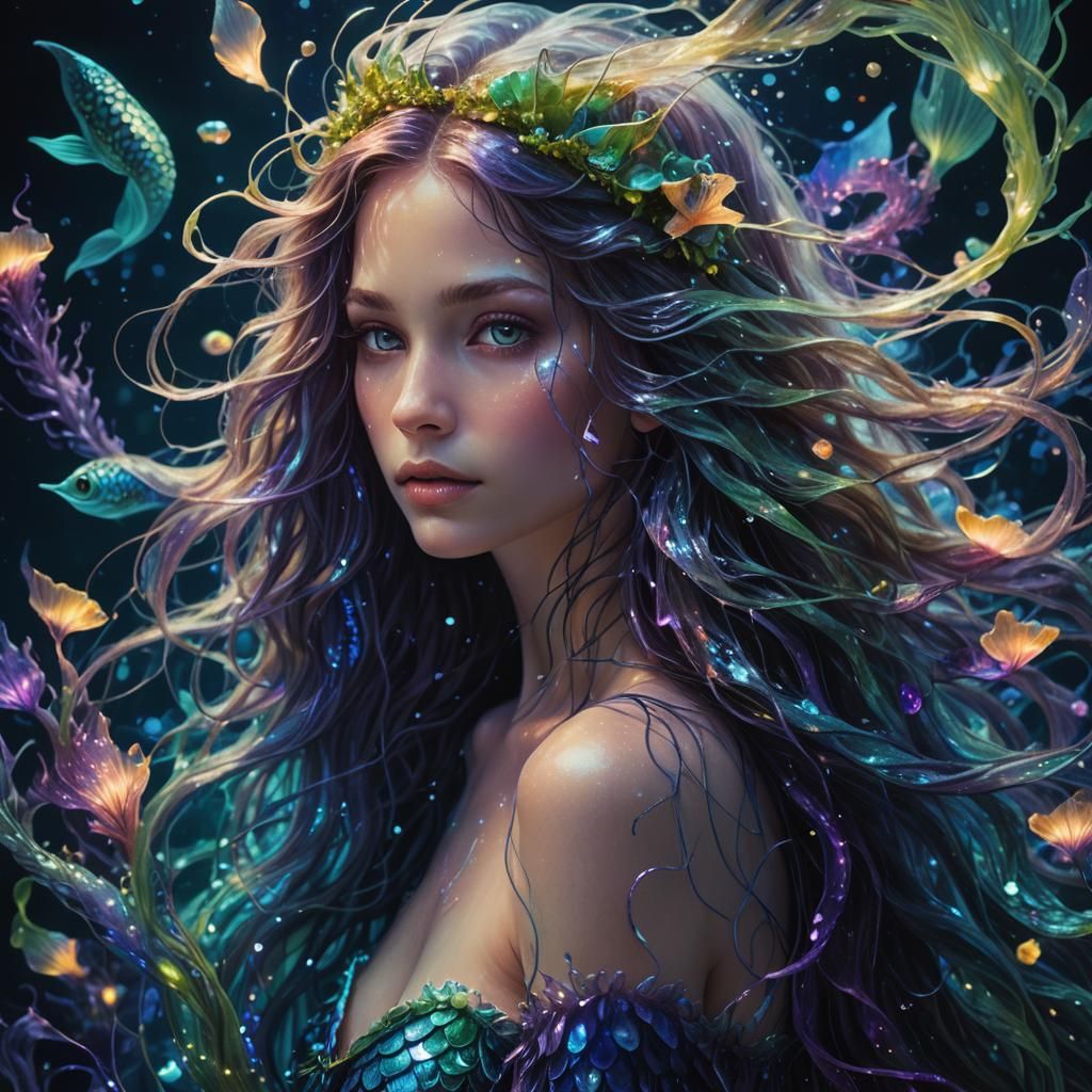 Night Mermaid Portrait with Bioluminescent Creatures