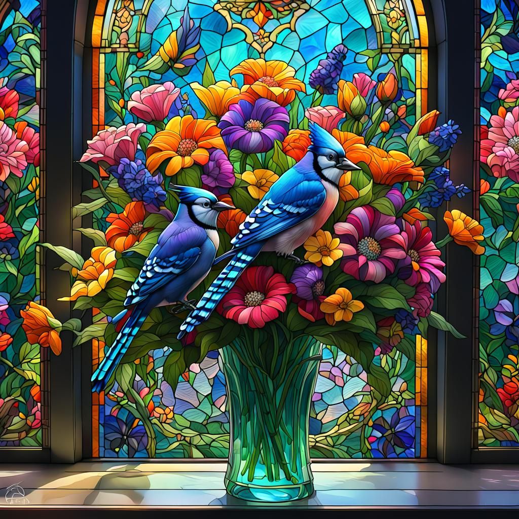 Stained Glass Flower Bouquet with Blue Jay