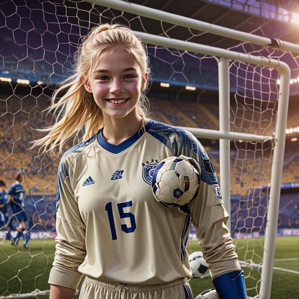 Blonde Goalkeeper in Glowing Stadium: Fantasy Art