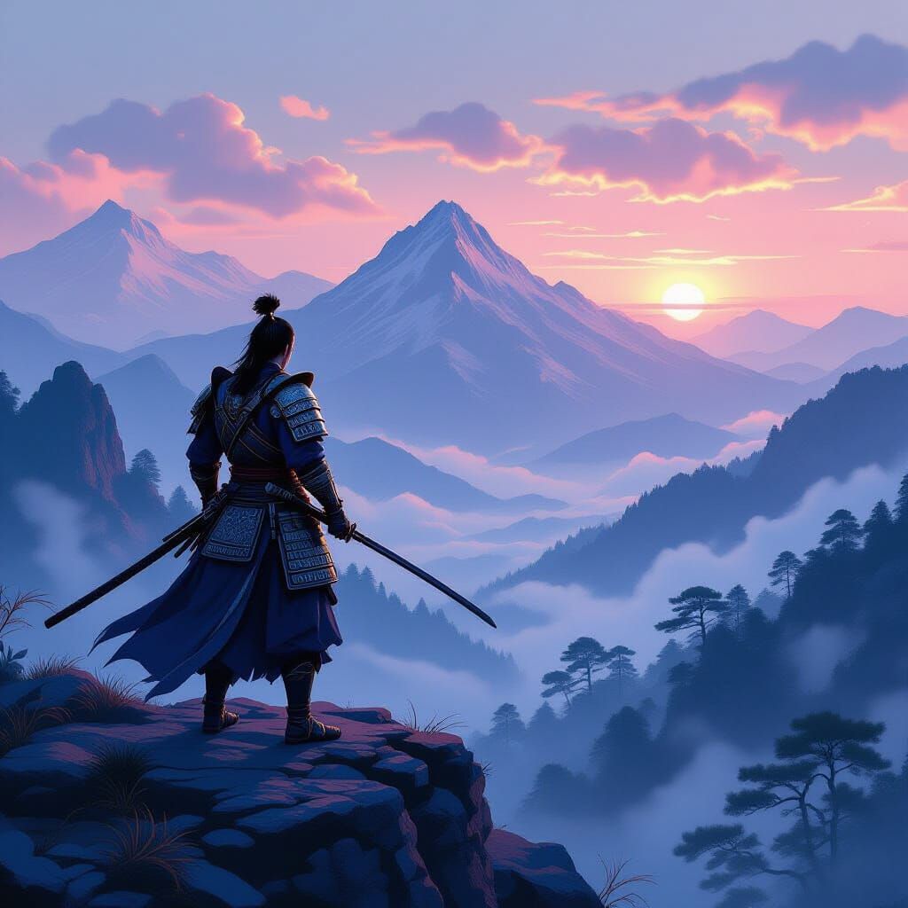 Samurai Warrior at Dawn: Hyperrealistic Digital Art