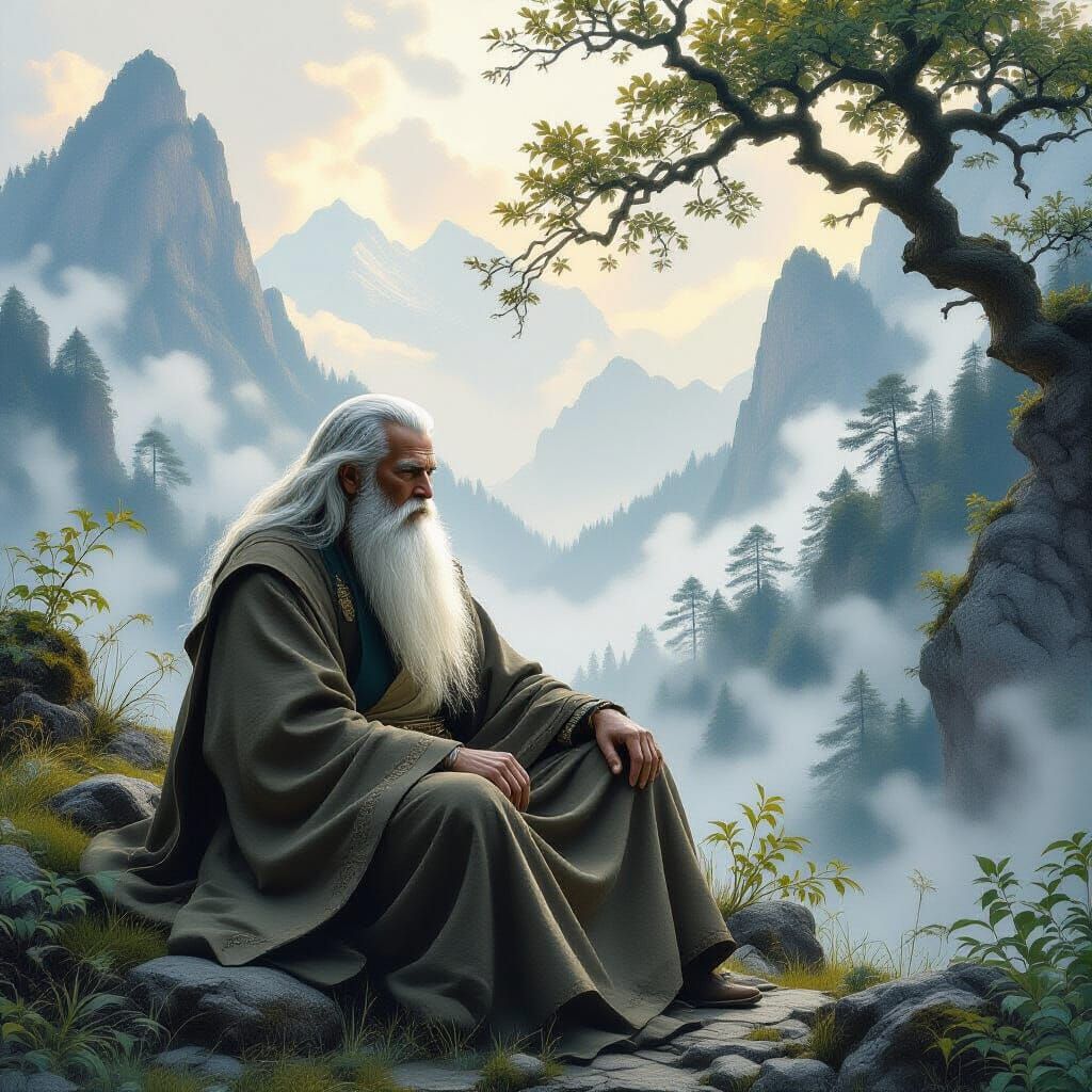Wise Old Man in Mountain Landscape, Atmospheric Lighting