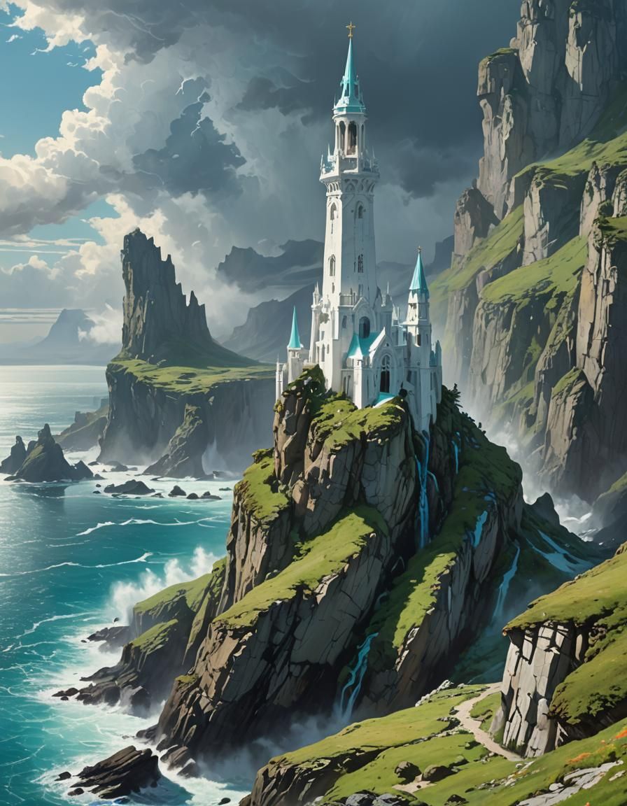White Tower on Cliff in Anime Manga Style