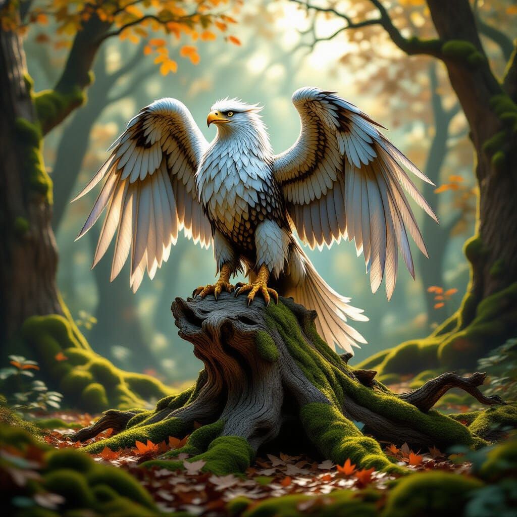 Griffin Perched Atop Oak in Mystical Forest