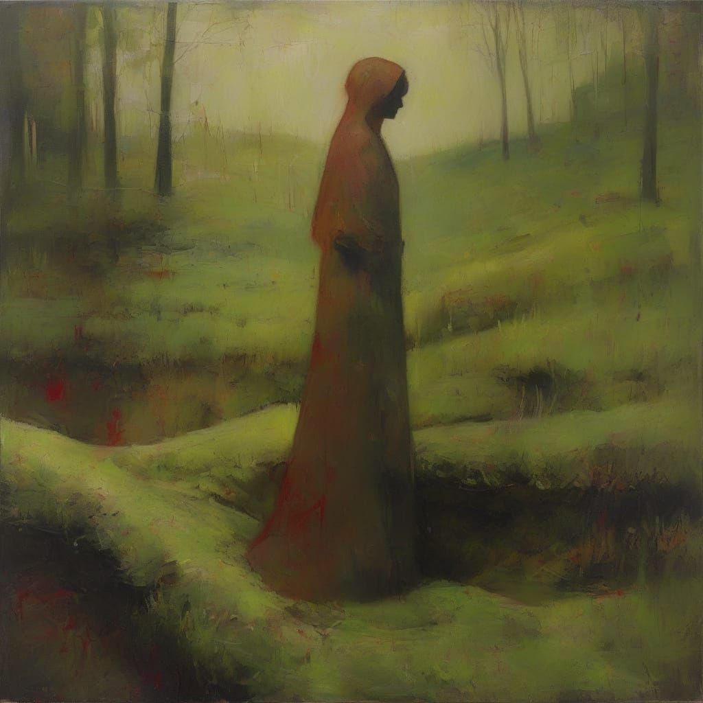 Figure Sinking into Moss, Ethereal Glow in Expressionist Sty...